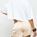 Milumia Women's Lace Trim Satin Mini Shorts Elastic High Waist Loose Casual Lounge Shorts (Medium, Beige)