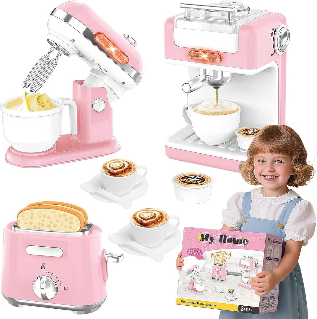 Ehome Play Kitchen Toys Kids Kitchen Accessories Pretend Play Kitchen Appliances Toy Set with Coffee Maker, Mixer, Toaster for Kids Toddler Kitchen Playset Ages 4 5 6 7 8 Girls (Pink)