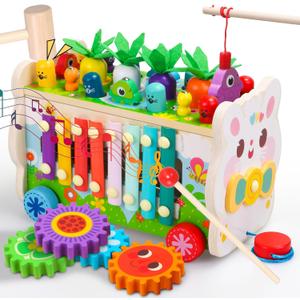 9 in 1 Montessori Toys for 1 Year Old, Wooden Hammering Pounding Toy Game with Xylophone for Toddlers 1-3, Gears and carrot harvest,1 Year Old Girl Birthday Easter Gifts, Learing Toys for babies