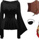 4Pcs Pirate Costume Women-Include Renaissance Shirt Top Women,Pirate Corset Bandana-Halloween Carnival Cosplay Outfit (X-Small, Black)