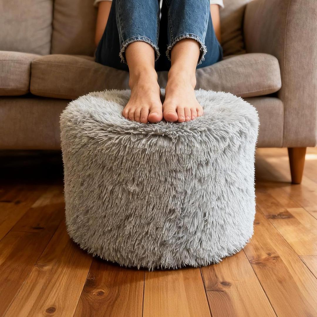 Round Pouf Ottoman Foot Rest, 19"15" Soft Foam Filled Foot Stool, Lightweight Decorative Pouf for Living Room, Bedroom or Couch, Modern Small Ottoman for Relaxing, Grey