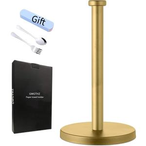 Stainless Steel Paper Towel Holder, Gold, Countertop for Kitchen & Bathroom, Standing with Weighted Base for Standard or Rolls, Brushed Brass