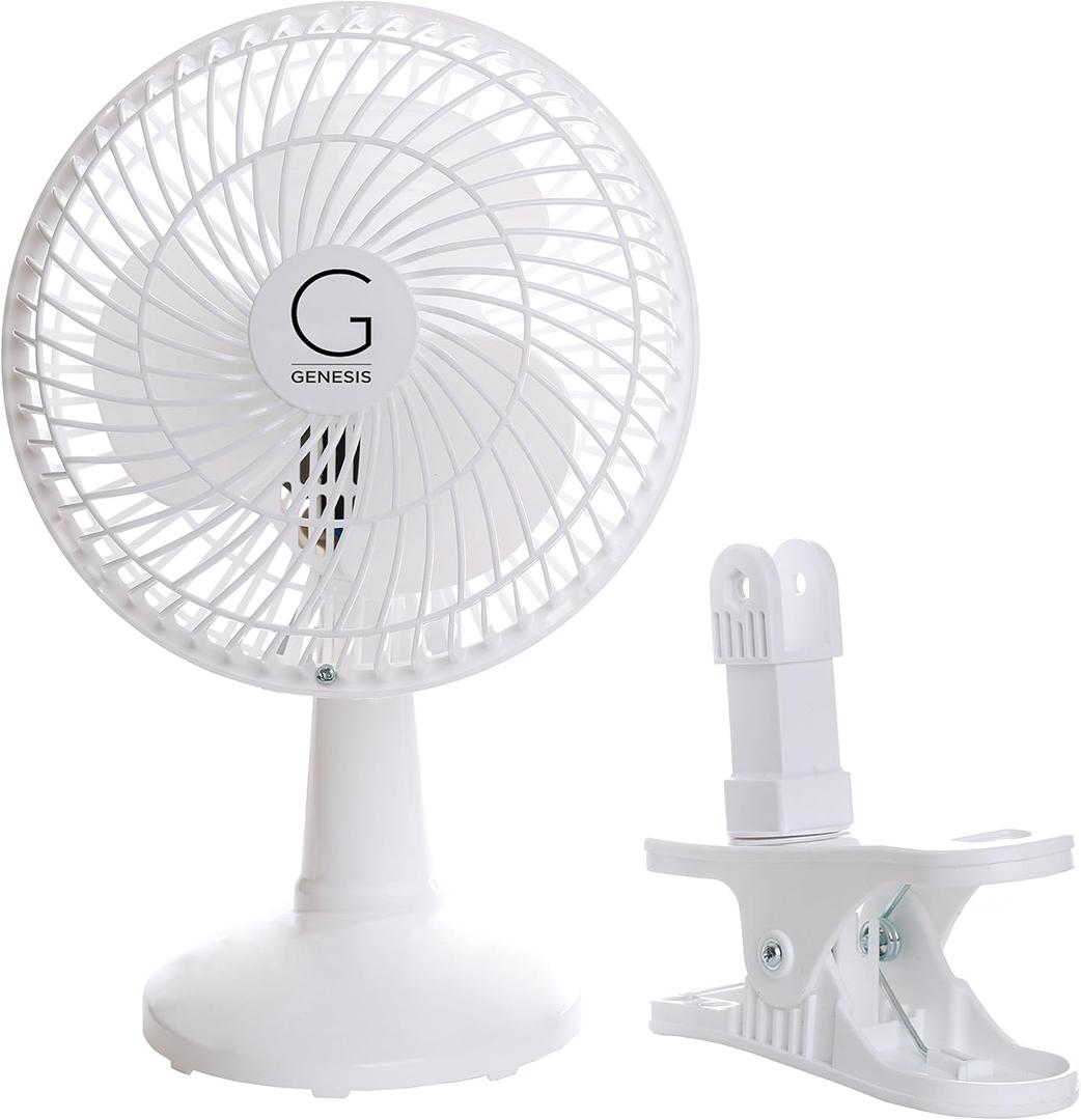 Genesis 6-Inch Clip Convertible Table-Top & Clip Fan Two Quiet Speeds - Ideal For The Home, Office, Dorm, More Off White (1 pack white)