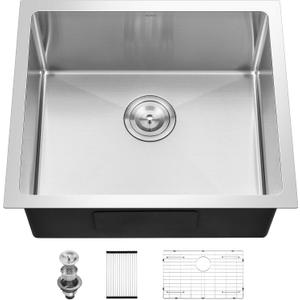 PEPO 21x18 Undermount Kitchen Sink, 16 Gauge Stainless Steel Single Bowl with Strainer, Handmade Bar Prep Sink for RV and Outdoor, 21x18x10inch