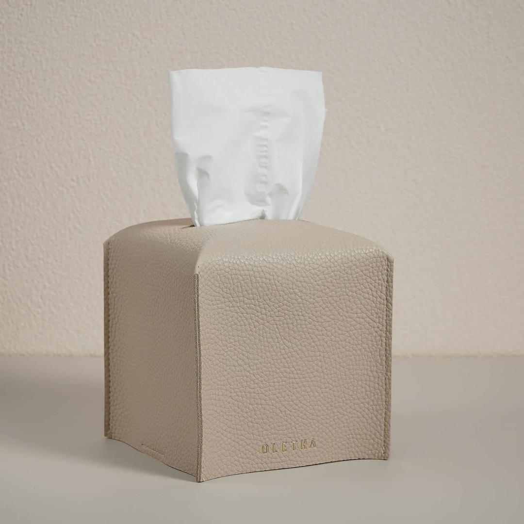OLETHA Square Tissue Box Cover - Aesthetic Desk Decor for Room, Home & Office - Tissues Cube Boxes Holder - Light Taupe