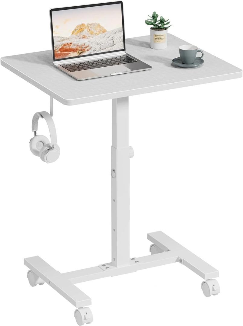Small White Standing Rolling Desk - 24 Inch Portable Mobile Stand Up Kids Desk Adjustable Height with Wheels for Small Spaces, Couch Laptop Desks Side End Table for Home Office, White (23.6")
