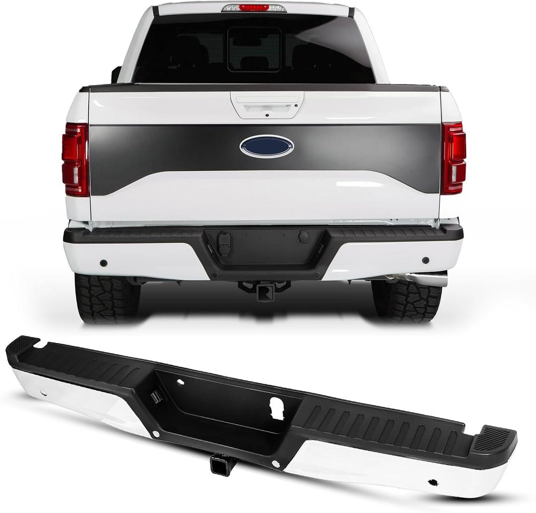 KYX Rear Bumper Compatible for Ford F150 2015 2016 2017 2018 2019 2020, Chrome Rear Step Bumper w/Sensor Holes & Max Tow Hitch, w/o Dual Exhaust Cut-Outs, Replacement for FO1103191, FL3Z17906DPTM