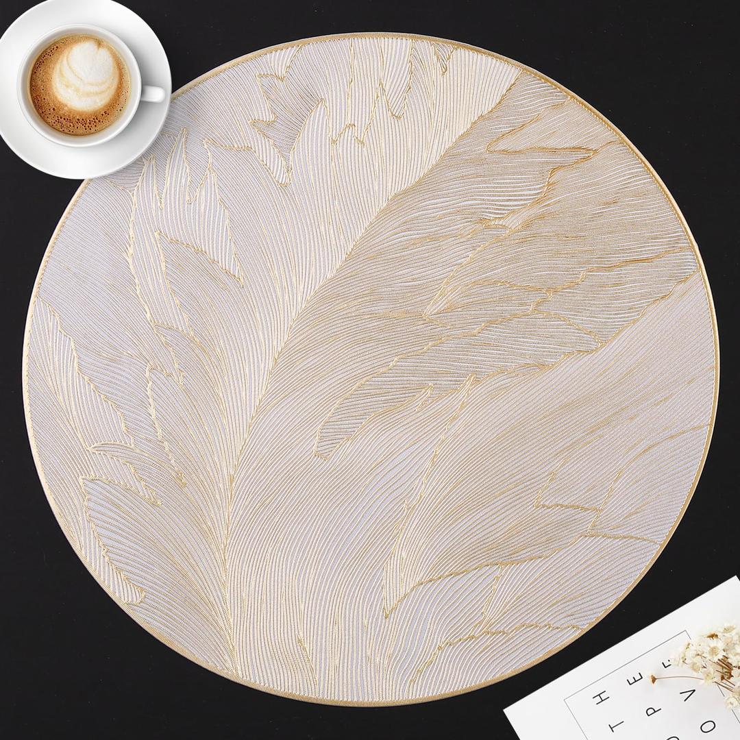 FAVE 6PCS Round Placemats Feather Pressed Vinyl Placemats Set of 6 Slip Resistant Table Mats Wipeable Gold Placemats for Wedding, Banquet, Birthday, Party, Restaurant Decorations(15IN,Feather)