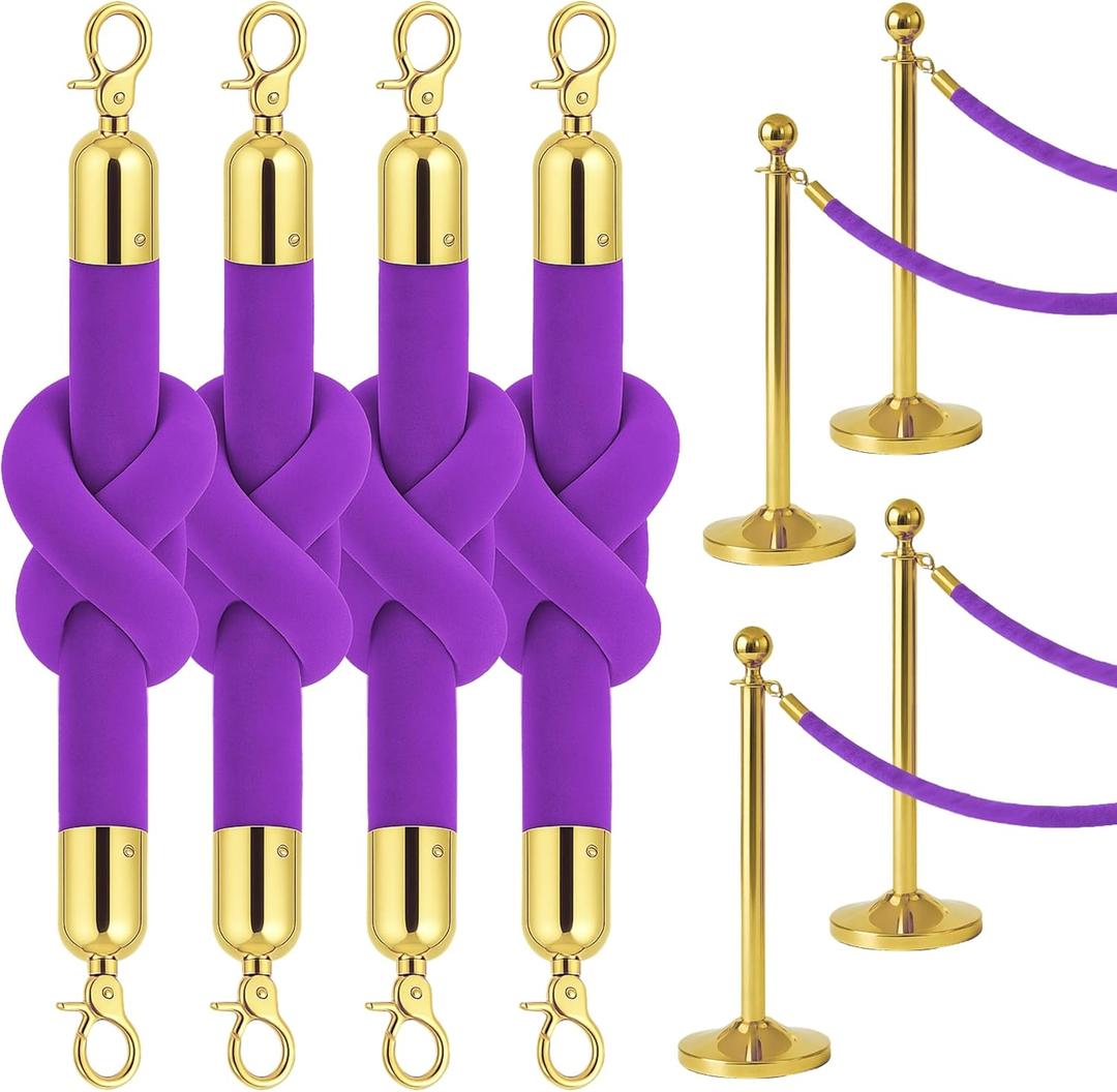 4PS Station Set for Parties - Rich Purple Stations Rope for Hotel Lobby VIP Ropes for Posts with Gold Snap Hooks Velvet Ropes for Special Events and Stands Queue