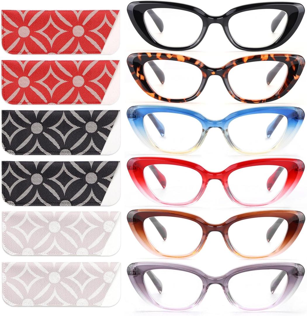 CHOFILORD 6 Pack Cat Eye Reading Glasses for Women Fashion Cute Blue Light Blocking Computer Readers Spring Hinge
