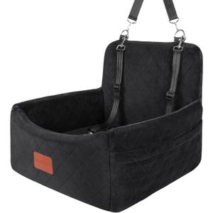 Dog Car Seat for Small Dogs Under 25 lbs, Washable Pet Travel Bed with Memory Foam, Detachable Cover, Storage Pockets & Safety Leash, Non-Slip Bottom, (Black)