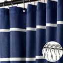 Navy Blue Striped Shower Curtain, Modern Coastal Bathroom Decor, Clean White Horizontal Stripes, Linen Texture Waterproof Fabric, 72" x 72"