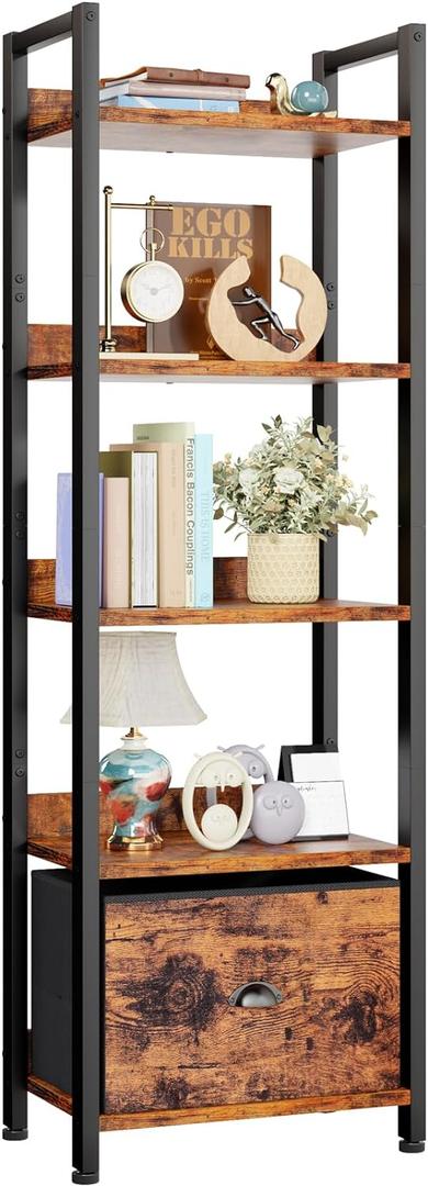 Furologee 5 Tier Bookshelf with Drawer, Tall Narrow Bookcase with Shelves, Wood and Metal Bookshelves Storage Organizer, Industrial Display Standing Shelf Unit for Bedroom, Living Room, Rustic Brown