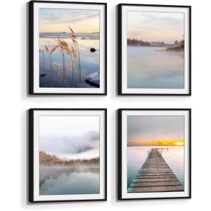 Framed Lake Picture Wall Art: Sunset Pier Landscape Print Glass Protected Relaxing Dock Nature Scene Painting Decor Artwork for Bedroom Bathroom Living Room Home (Lake Theme 01)