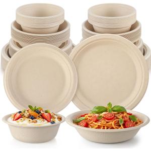 Havawish 200 Pcs Compostable Paper Plates and Bowls Set 7 Inch 9 Inch Disposable Plate 16oz 24oz Biodegradable Bowls for Party Dinner 50-person Bulk Party Supplies