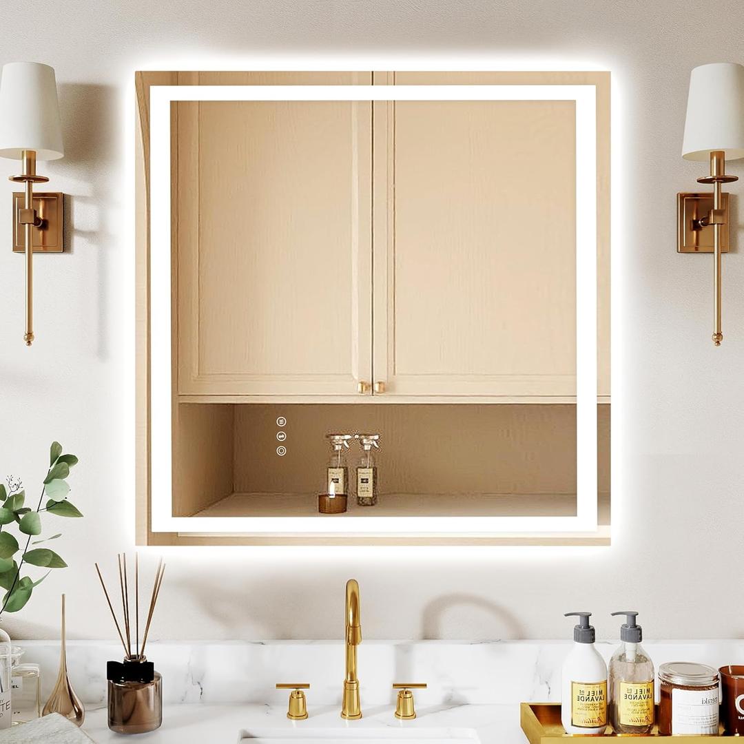 BTBF 36X36Inch LED Bathroom Mirror with Lights Vanity Mirror for Wall Lighted Mirrors for Bathroom Wall with Dimmable 3-Color Lights Anti-Fog Front Lit Smart Mirror Memory Function,Tempered Glass