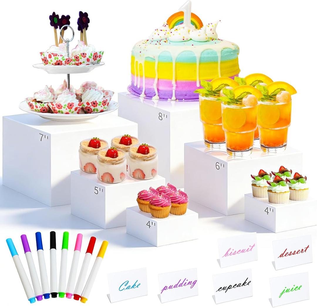 ABenkle 6Pcs Buffet Risers, Acrylic Food Risers, Buffet Table Risers and Stand Shelf Desktop Display for Party Catering Dessert Cupcake with Sign and Maker