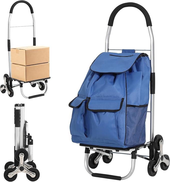 3 in 1 Folding Shopping Cart, Heavy Duty Stair Climber Dolly, 176LBS Stair Climbing Handcart Portable Grocery Cart with 6 Wheels and 36L Oxford Cloth Bag for Shopping Grocery Laundry Climbing