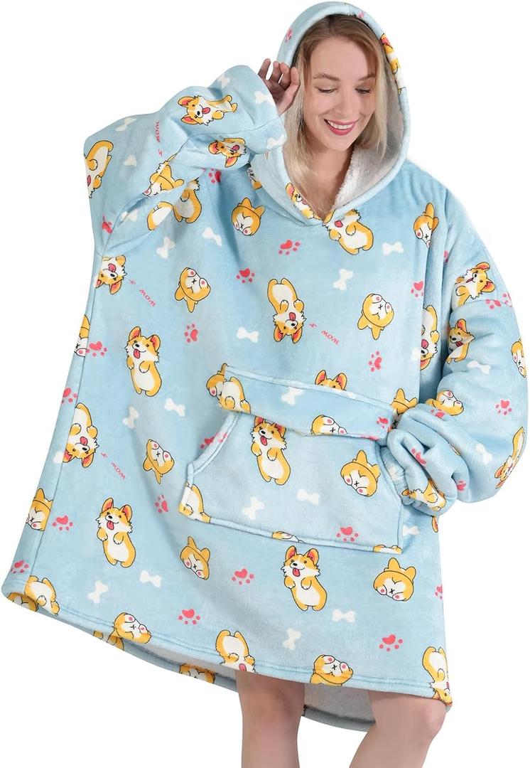 Wearable Blanket Hoodie for Adult,Oversized Sherpa Fleece Blanket Hoodie for Women Men,Corgi No Size