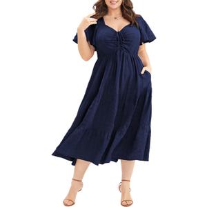 Eytino Womens Plus Size Summer Dress Short Sleeve Sweetheart Neck Ruffle Tiered Maxi Long Dresses(1X-5X) (B Blue) 
5X Blue