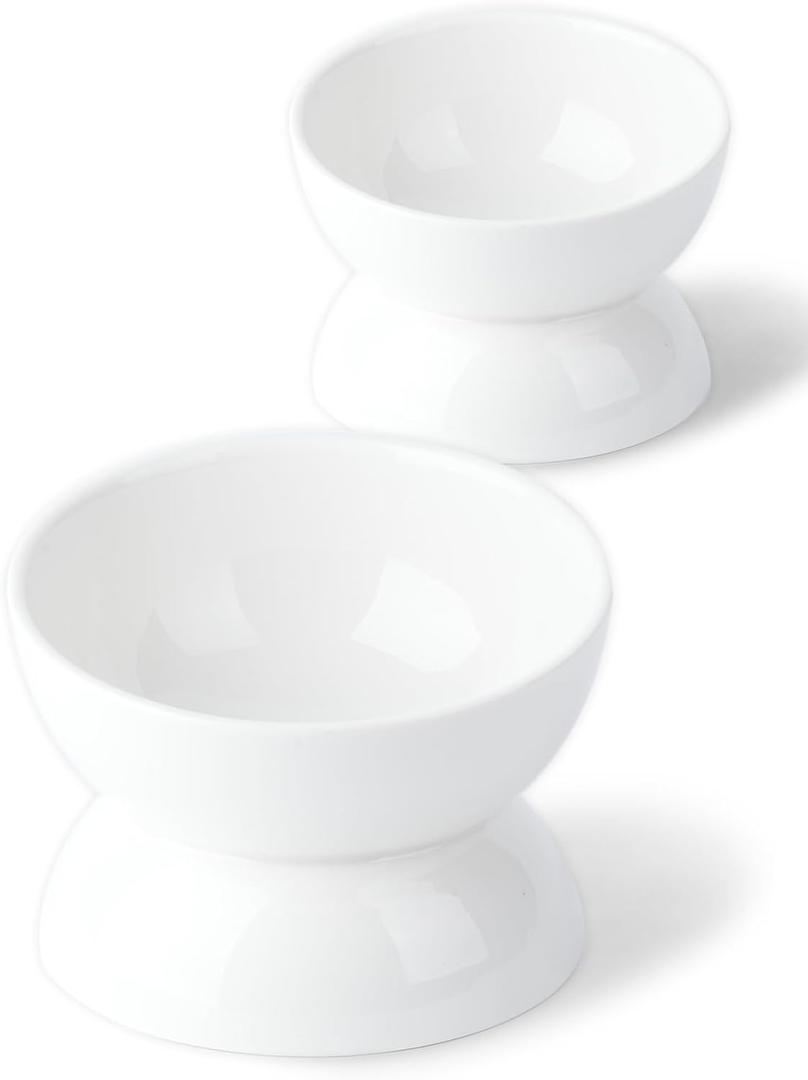 Cat Water Bowl, 16 OZ Ceramic Elevated Cat Bowls, 15 Tilted and Raised Pet Food Dish, Anti Vomiting Protect Pets' Spines and Whisker Fatigue (2 Pack, White)