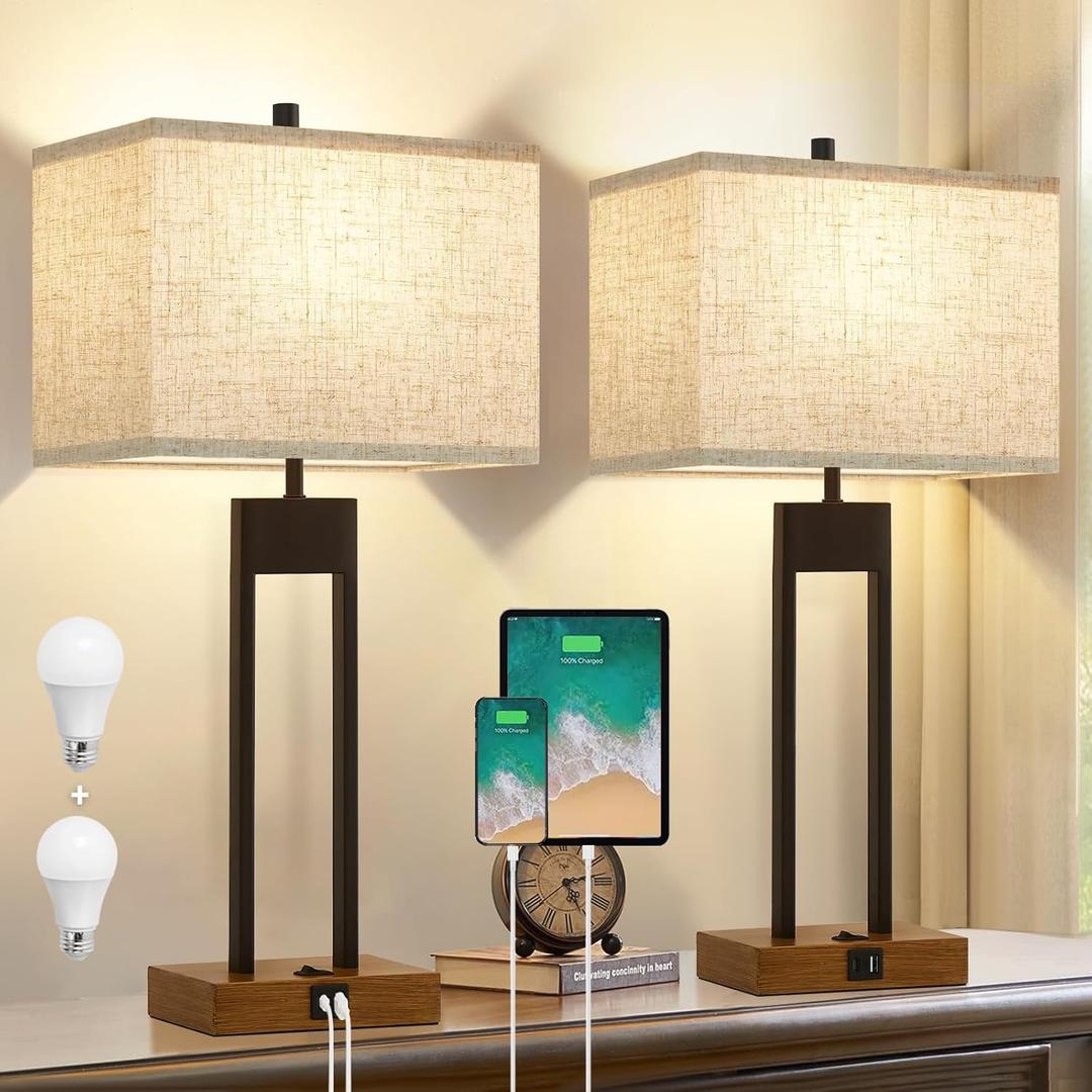 GyroVu 25.5'' Set of 2 Modern Bedroom Table Lamps with USB C+A Ports, Color Changeable, Brown Night Stand Lamps for Bedside, Guest Room, Office, Reading