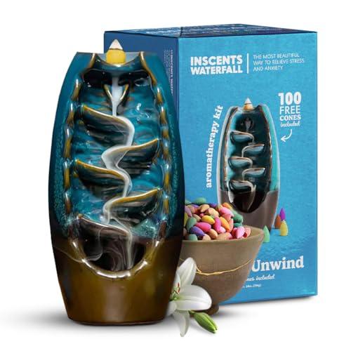 Inscents Waterfall AS-SEEN-ON-TV Ceramic Incense Holder Cone Burner with Backflow Design Ornament Home Decor Aromatherapy for Spa Office Bedroom Yoga +100pcs Essential Oil Dipped Scented Incense Cones