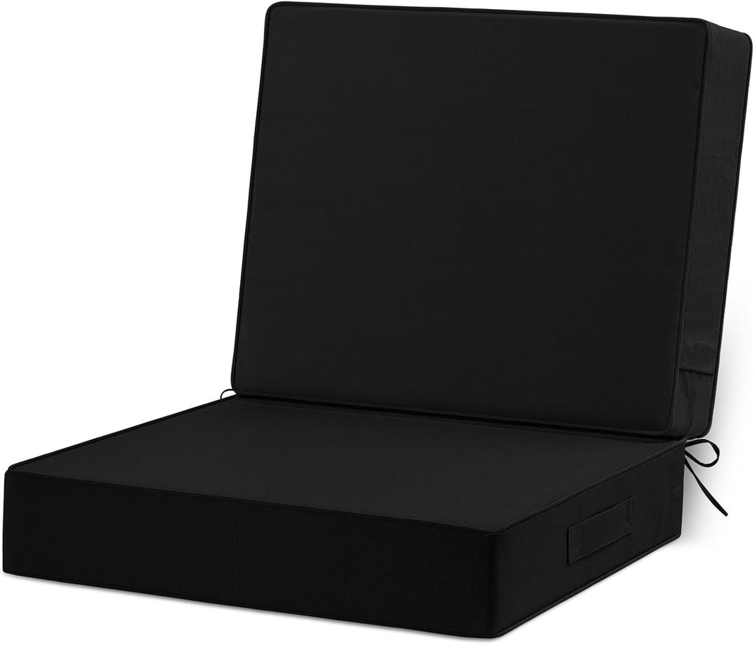 Cozyide 24x24 Outdoor Cushions for Patio Furniture, Waterproof Outdoor Chair Cushions with Non-Slip Ties and Handle, Washable Deep Seat Cushions for Outdoor Furniture with Removable Cover, Black
