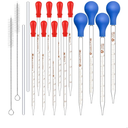 16 Pieces Glass Pipettes Graduated Dropper 2 PCS 10 ml 5 ml 3 ml 2 ml 1 ml 0.5 ml Glass Liquid Dropper with Rubber Caps 2 Pcs 20 cm Glass Stir Rod and 2 Washing Brush for Transfer Liquid Essential Oil