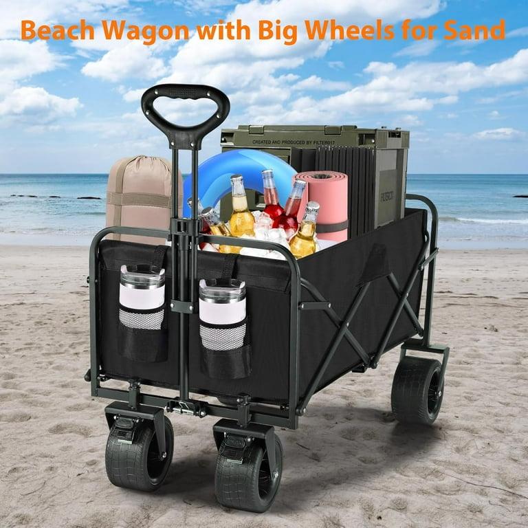 Collapsible Foldable Wagon Cart,Utility Beach Wagon Cart with Drink Holders Large Capacity Protable Grocery for Garden Shopping Outdoor Camping (Black, 350lbs)