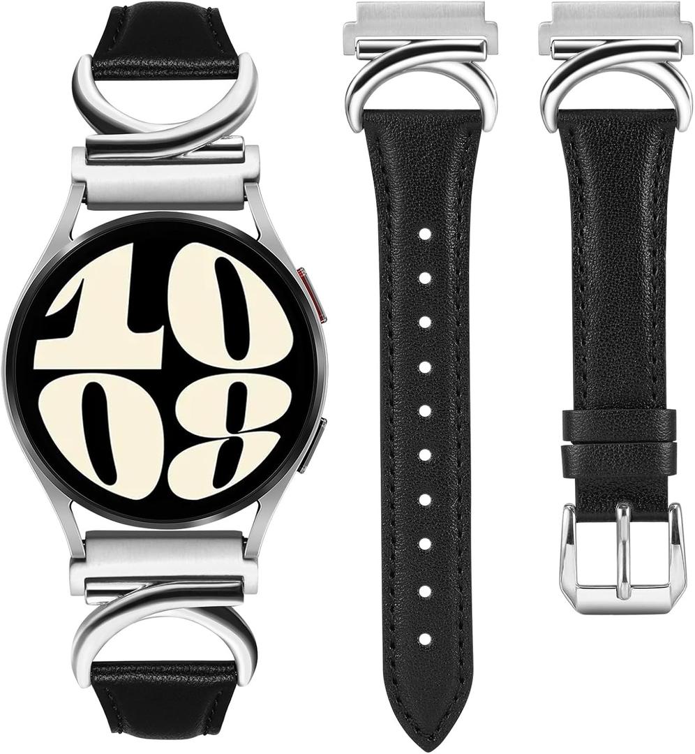 Minyee Leather Band Compatible with Samsung Galaxy Watch 7/6/5/4/FE/Active 2 40mm 44mm/Watch 6 Classic 43mm 47mm/Watch 5 Pro 45mm Bands, 20mm Slim Dressy Leather Strap with C-Shape Metal Buckle Women (Black/Silver)