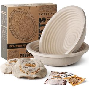 Wood Pulp Banneton Bread Proofing Baskets Set of 2, 9 Inch Round 2.2LB Sourdough Banneton Basket with Liner, Non-Stick Dough Proofing Bowl for Rising and Baking