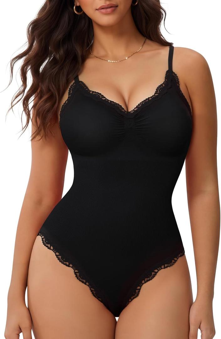 Nebility Bodysuits for Women Lace Bodysuit Thong Shapewear Tummy Control Sleeveless Going Out Cami Tank Tops Body Suit (Medium, Black)