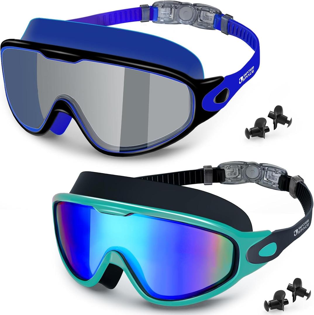 Water Space Swim Goggles 2 Pack for Adult Men Women, Anti-fog UV Protection No Leak 180 Wide View Clear Vision Pool Goggles