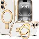 Compatible with iPhone 16 Case with Magnetic Ring Stand [Compatible with Mag-Safe] [Full Camera Lens Protector] Soft Plating Phone Case for iPhone 16 6.1", White