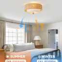 Flush Mount Ceiling Fan with Lights, 20" Caged Boho Ceiling Fan with Light Remote Control, Low Profile Bladeless with 6 Speeds, Drum Rattan Fabric for Bedroom, Nursery, Dining Room, Living Room