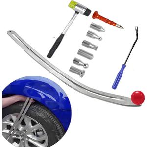 Car Dent Puller Kit, Manual Car Dent Remover PDR Kit, Auto Fender Paintless Dent Repair Tools with Big Curved Crowbar PDR Rod & Rubber Hammer for Motorcycle Metal Surfaces