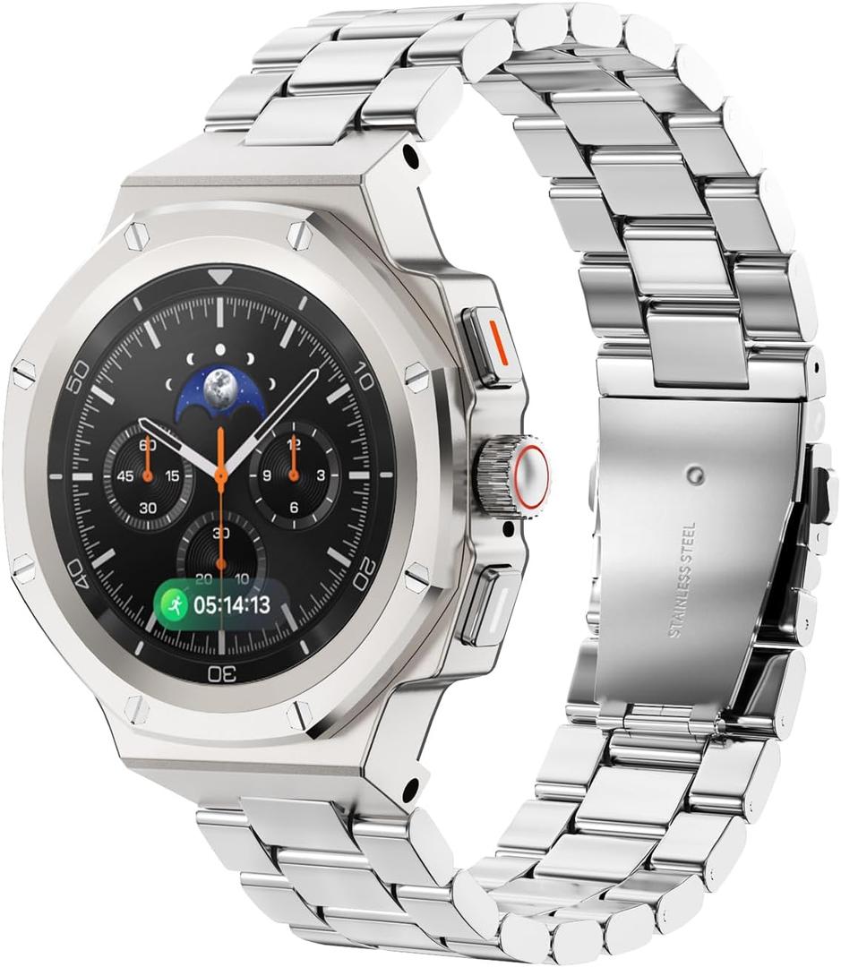 Case with Band for Samsung Galaxy Watch 8 Classic 46mm, Luxury Metal Face Cover with Tactical Stainless Steel Strap Military Protection for Men, Titanium