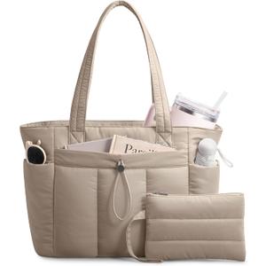 TOPDesign Puffy Tote Bag for Women with Cup Holder & Laptop Compartment & Cosmetic Bag & Trolley Sleeve for Work, Travel (Large, Camel)
