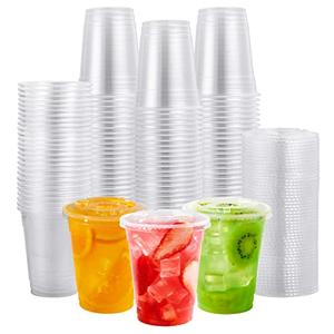 FOCUSLINE 200 PACK 12oz Clear Plastic Cups, Disposable Cold Drinking Cups, 12 Ounce Clear Cups with Flat Lids with Holes for Smoothie, Milkshake, Bubble Tea, Parfait