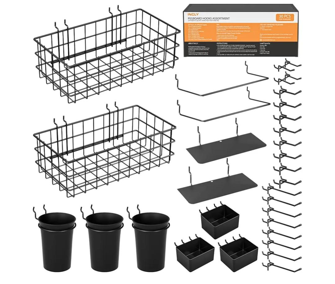 INCLY 30PCS Peg Board Organizer Accessories Kit, Pegboard Hooks Assortment with Bins, Cups, Wire Baskets and Paper Towel Holder for 1/8“ and 1/4” Pegboard Garage Workbench Craft Room Organizing Tools