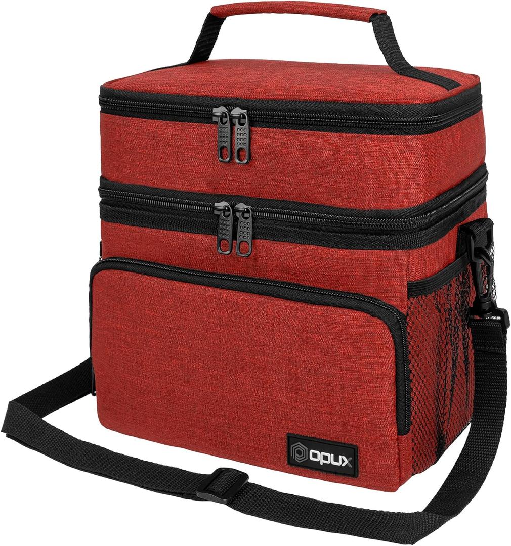 opux Insulated Lunch Bag for Men Women, Large Dual Compartment Cooler Bag, Soft Two Deck Lunch Box for Work School Picnic, Leakproof Lunch Tote With Shoulder Strap for Kid Adult (Red, Double Deck)