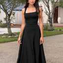 Kaximil Women's Square Neck Corset A Line Maxi Dress Ruffle Ruched Waist Flowy Long Dresses, Large, Black