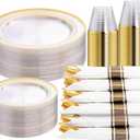WELLIFE 210PCS Clear-Gold Plastic Plates - Dinnerware Sets for 30 Guests - 60 Disposable Plates, 90 Plastic Silverware, 30 Cups, 30 Napkins for Party