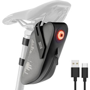 ROCKBROS Bike Saddle Bag with Smart Tail Light,0.8L Waterproof & Resistant Bike Bag Under Seat,Reflective Bike Seat Bag and 3 Magic Straps for Road & Mountain Bikes