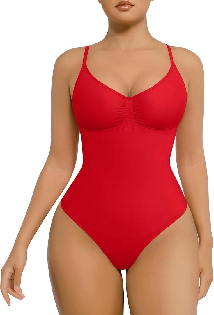 FeelinGirl Shapewear Bodysuit for Women Tummy Control Seamless Sculpting Snatched Waist Body Suit Body Shaper Thong (Medium-Large, Rust Red)