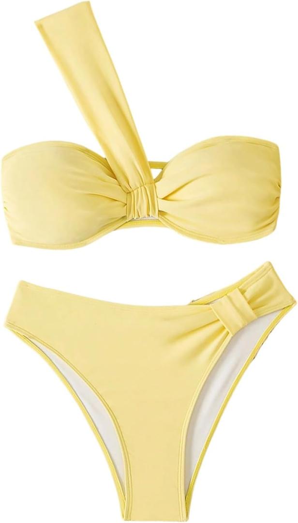 SOLY HUX Women's One Shoulder Twist Front Bikini Set Ruched High Cut Swimsuit Two Piece Bathing Suit (Medium, Plain Yellow)