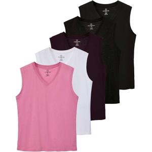 Real Essentials 5 Pack: Women's 100% Cotton V-Neck Sleeveless Tank Top Basic Ladies Casual Shirts (L)