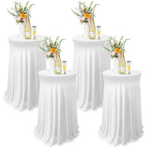 4 x Tegeme 4 Packs Round Spandex Cocktail Tablecloths with Skirt 32 x 43 Inch Cocktail Round Table Cover Spandex Stretch Square Tablecloth Skirt for Table Bar Wedding Party Banquet (White)