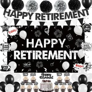Holkcog Retirement Party Decorations, Black White Happy Retirement Banner Backdrop Paper Fan Hanging Swirls for Coworker, I'm Retired Cupcake Topper for Retiring Women Men Party Supply